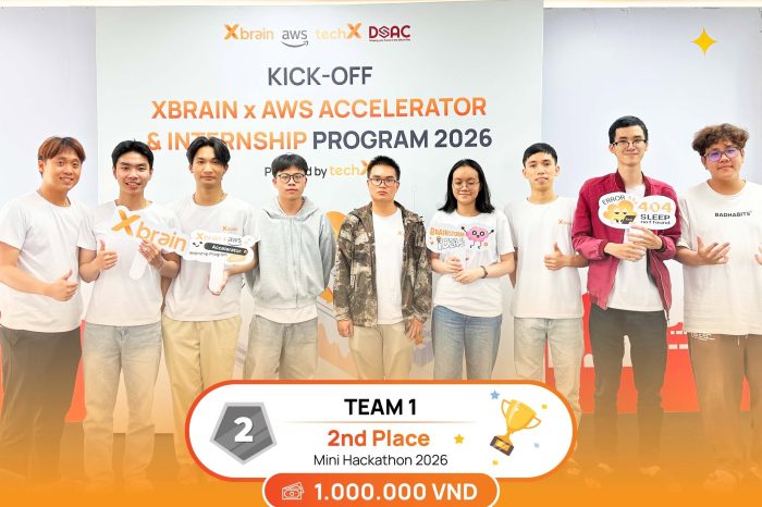 Hoàng Nhật Thành cùng đội thi xếp Hạng Nhì trong dự án Mini Hackathon 2026 tại XBrain (nguồn: Fanpage XBrain)